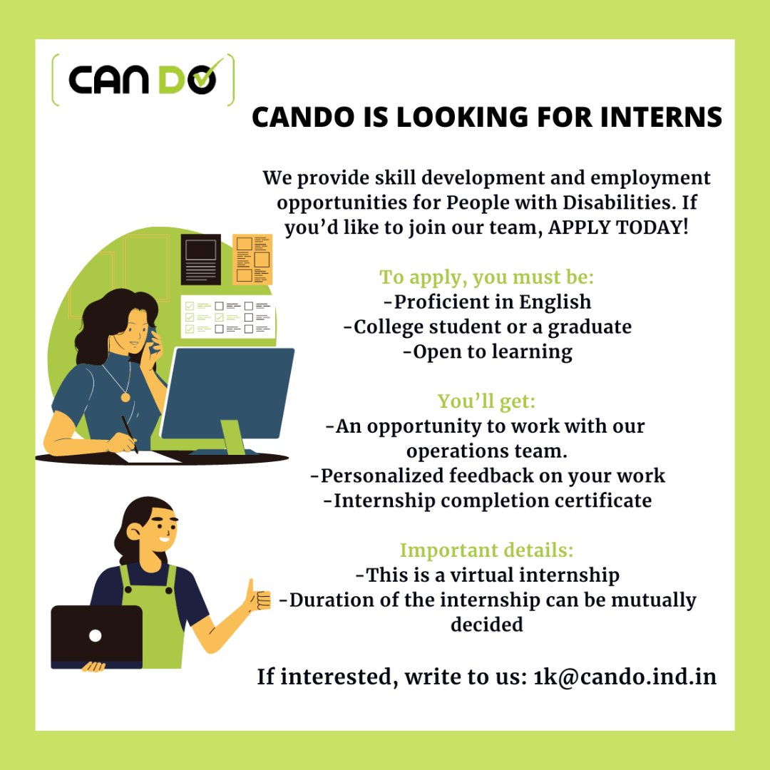 cando_india's tweet photo. We are looking for interns! If you are someone who likes to learn and is open to new ideas, you'd be a perfect fit for this role. Join our team? write to us at: 1k@cando.ind.in #candoindia #supportcando #candoinitiative #hiring #hiringinterns #sharethispost #jobopportunities https://t.co/MgZ7byyoVB