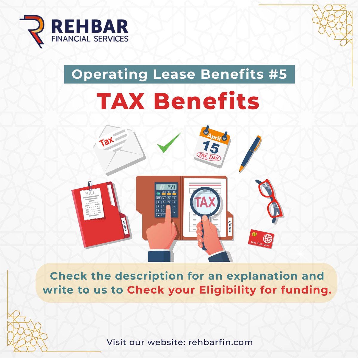 rehbar_fin's tweet photo. Why own assets and pay high taxes? With Operating Lease, companies can avail of tax deductions, particularly when dealing with shorter-lived assets.
#FinancialServices #IslamicFinance #operatinglease #taxbenefits #Leasing #ShariaCompliant #ShariaLaw https://t.co/tNjhMYHCPD