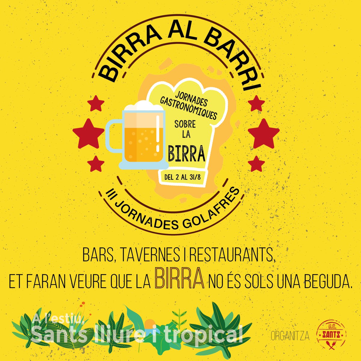 Avís 💃🍻💃🍻
Fins al 23 d'agost fem horari d'estiu de 18 a 23.
Ens tindreu oberts al vespre per fer birres i tapes amb <a href="/DO_sants/">D.O. Sants</a> 
Sempre Lliure i Tropical
