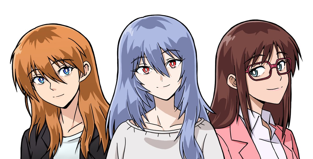 ayanami rei ,makinami mari illustrious 3girls multiple girls glasses blue hair smile red eyes blue eyes  illustration images