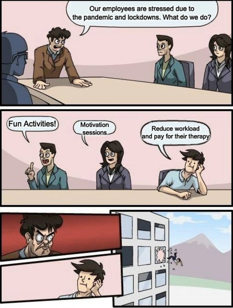 What we hoped for: Mental Health covered by company insurance 🏥, mental health sick days etc

What we got: Corporate lip-service 🤦‍♂️🤡

#MentalHealthMatters  #COVID19 #workplace