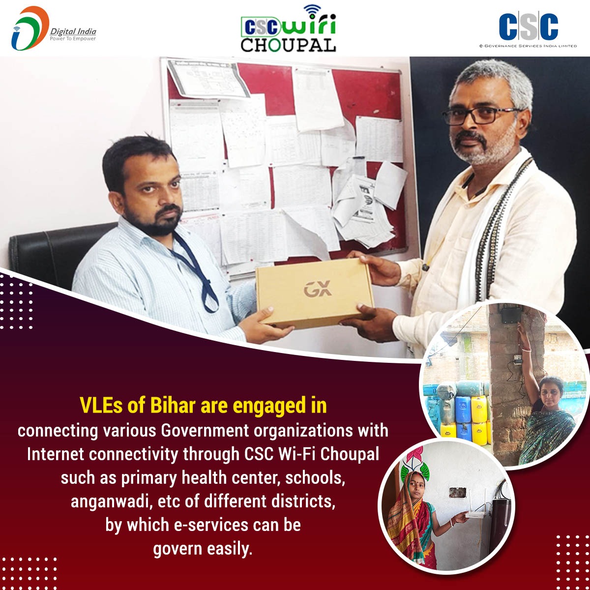 CSCegov_'s tweet image. VLEs of Bihar are engaged in connecting various Government organizations with Internet connectivity through #CSCWiFiChoupal such as primary health centers, schools, Anganwadi, etc of different districts, by which e-services can be governed easily.

#GharTakFiber #CSCseGramSwaraj