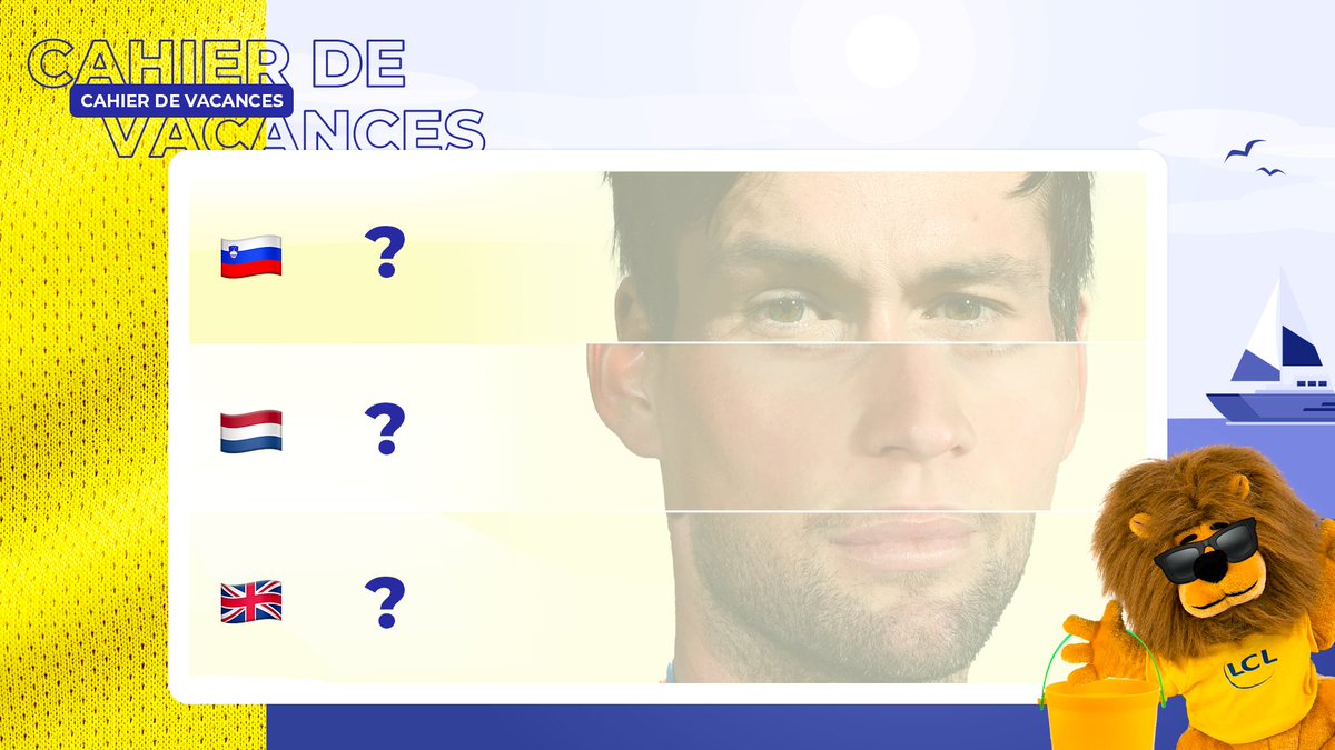 #CahierDeVacances | JEU 8 🎁
🚴🏻‍♂️ Qui sont les 3 coureurs qui ont marqué les deux dernières éditions du Tour de France ? On vous a mis leurs nationalités pour vous aider ! 😉
1 lot de goodies #MaillotJauneLCL à remporter entre les bonnes réponses ! 🎁