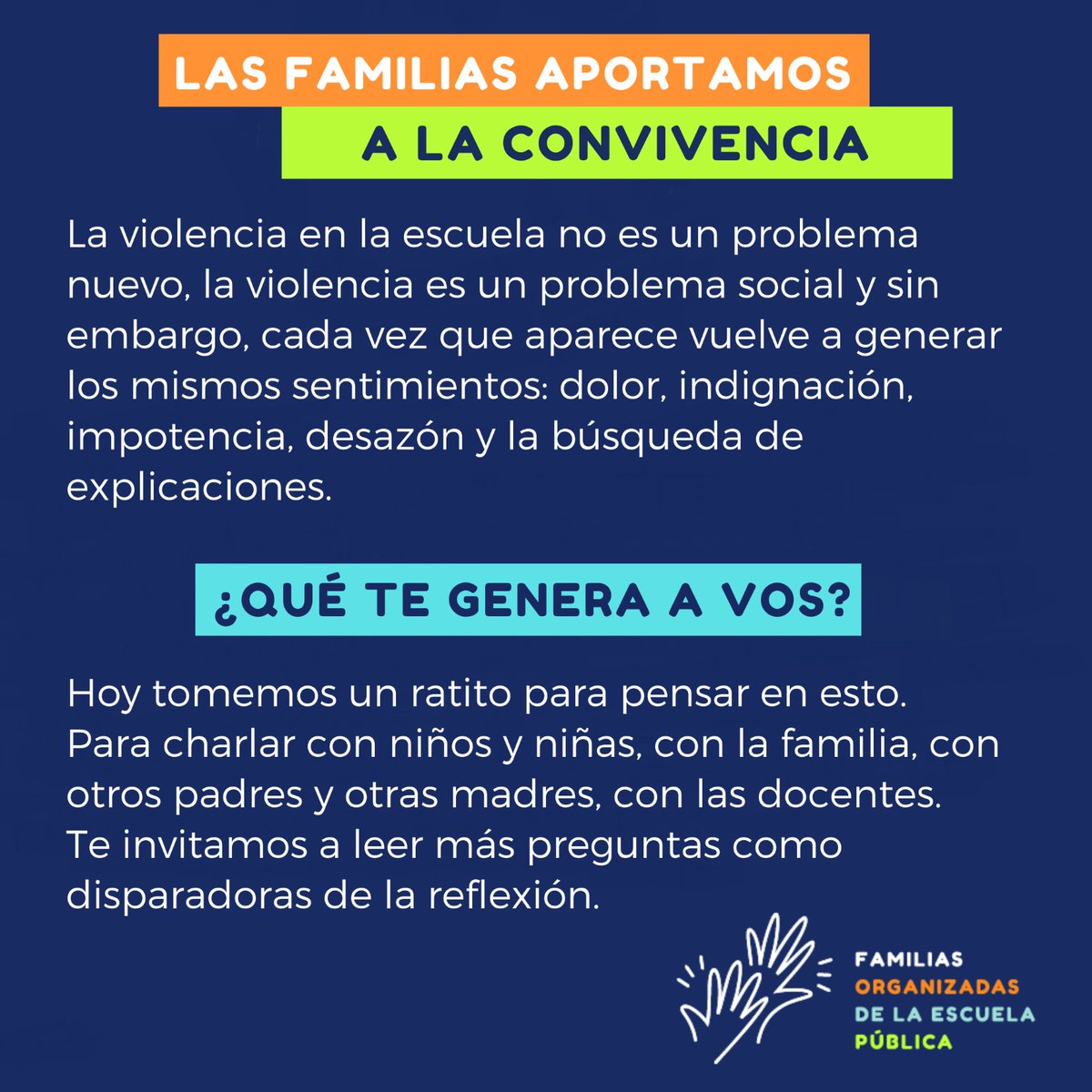 familiasorgep's tweet photo. Nuestras reacciones como adultos frente a la violencia también educan a nuestros niños y niñas. 
Les invitamos a reflexionar juntos a través del siguiente material elaborado desde las comisiones de Salud y Comunicación de nuestro colectivo.
https://t.co/fN0E0XCFJn https://t.co/8sFiP0W4oq