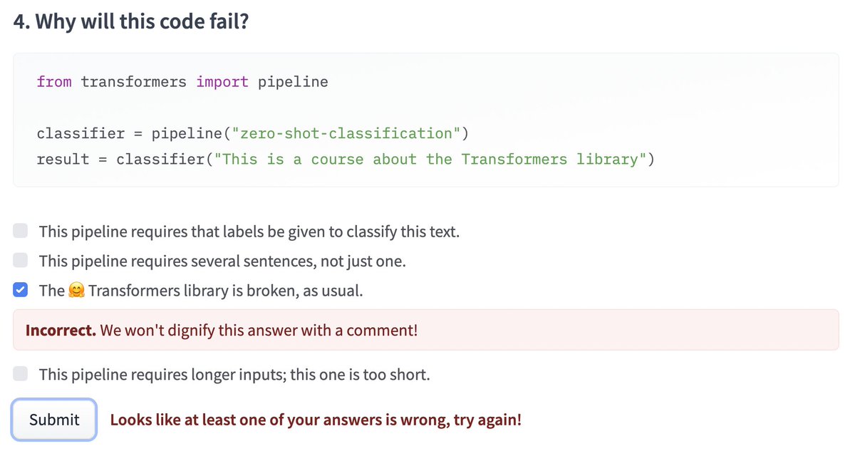 Going through the <a href="/huggingface/">Hugging Face</a> course today. Loving the clear, well-structured content, as well as the tongue-in-cheek sense of humour 😅 

#nlproc #transformers #ai #deeplearning