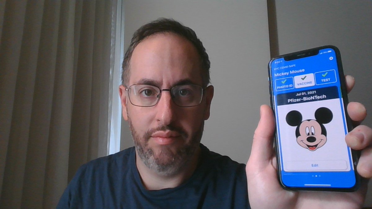 Albert Fox Cahn's tweet - "As I explained to @WNYC today, New York City's new #NYCCovidSafe app isn't exactly cutting edge technology. It accepted this portrait of Mickey as proof of vaccination.