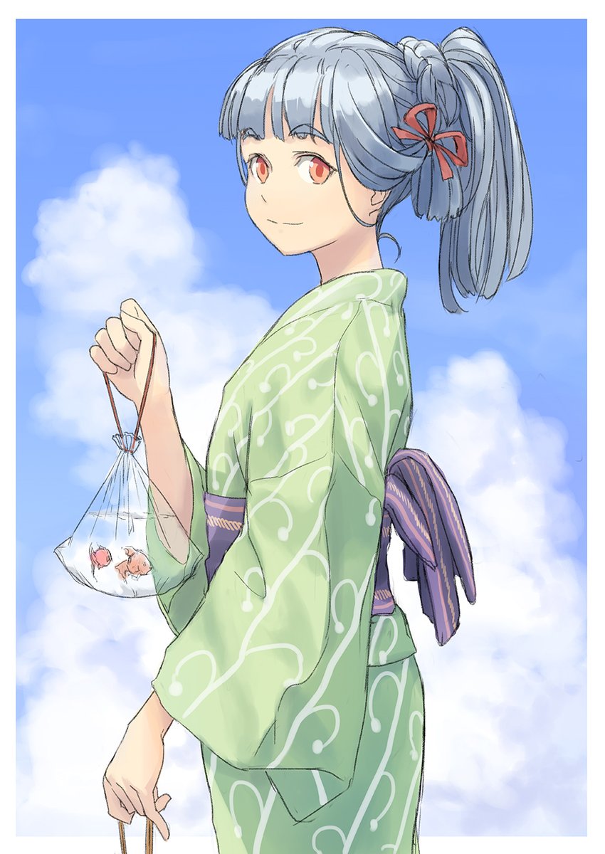 murakumo (kancolle) 1girl japanese clothes kimono solo alternate hairstyle green kimono fish  illustration images