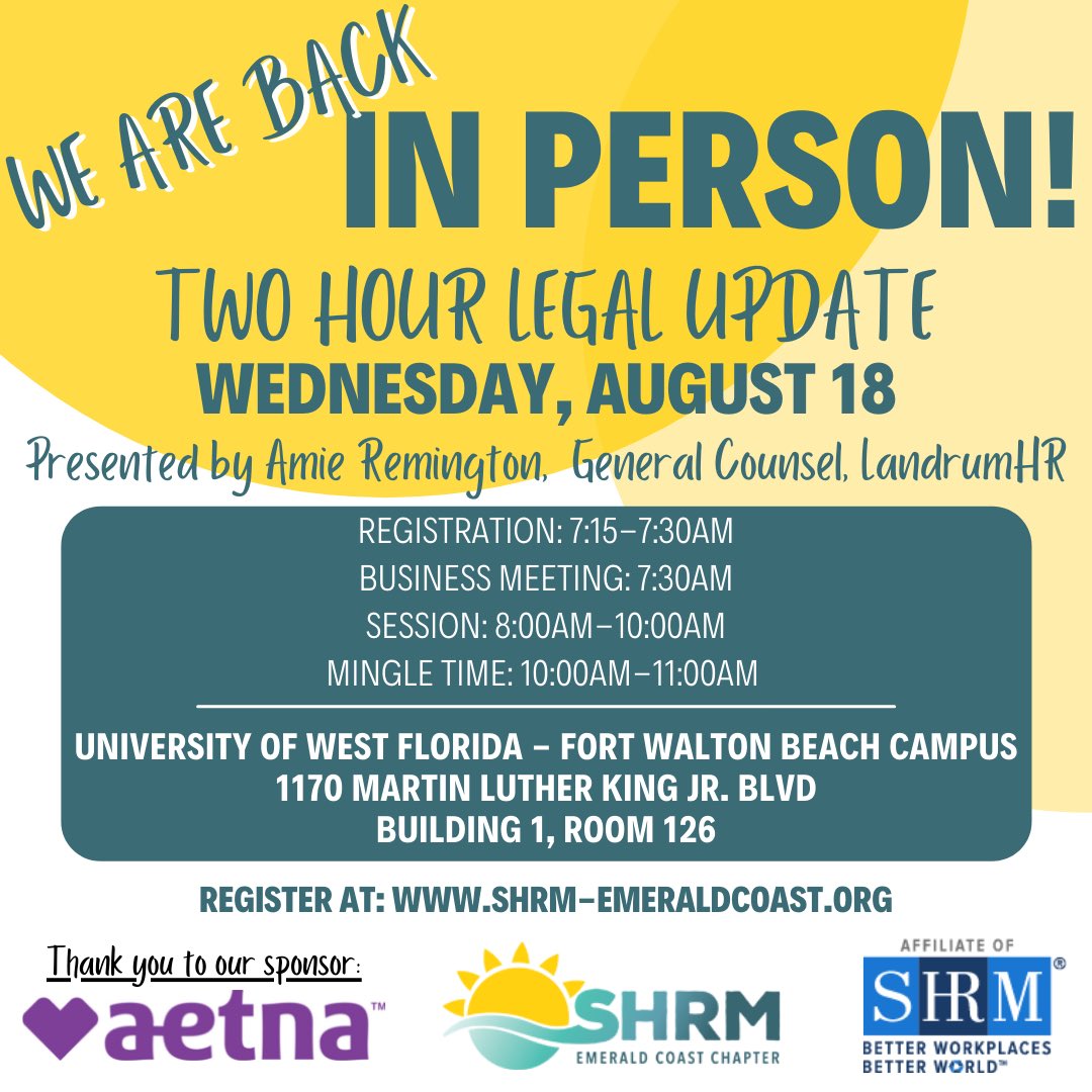 shrmecc's tweet image. We are back in person this month! 🥳

Join us for a two hour legal update with Amie Remington on August 18. We are excited to catch up with familiar faces and meet our new members! Breakfast will be provided. 

Register today: shrm-emeraldcoast.org/events/EventDe…

#hrflorida #shrmecc