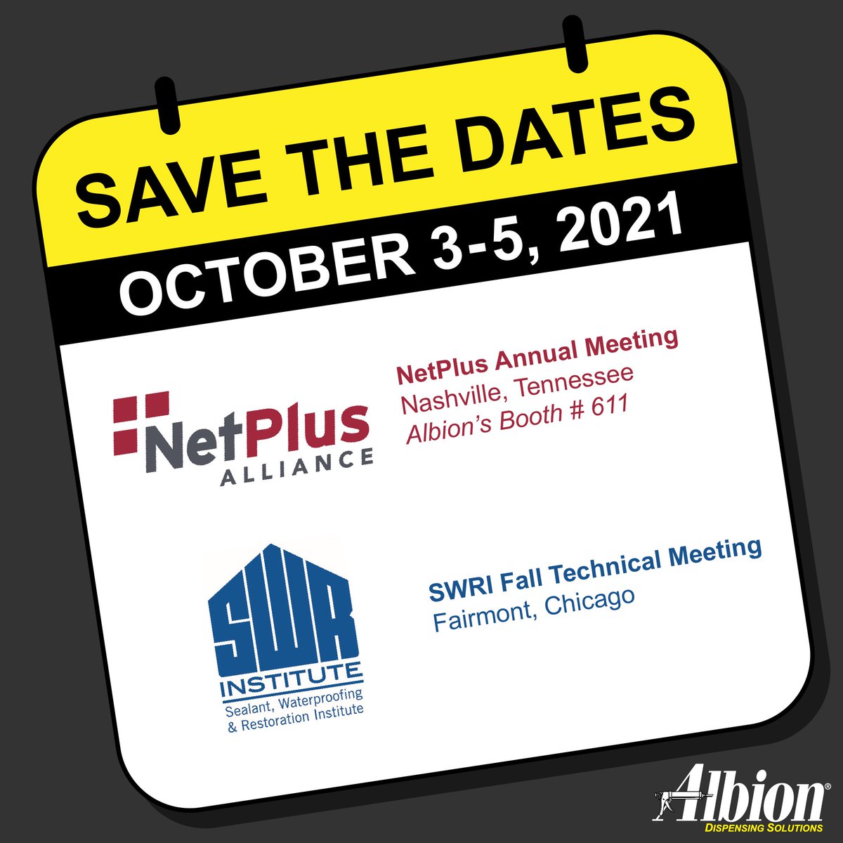 AlbionEngCo's tweet image. Join us this October 3-5 for both:
NetPlus Annual Meeting in Nashville, Tennessee.
&amp;amp;
SWRI Fall Technical Meeting in Fairmont, Chicago.
@NetPlusAlliance @InfoSWR #NetPlusAlliance #strongertogether #SWRInstitute #technicalmeeting #SWRIFallTech #construction #engineering #AlbionEng