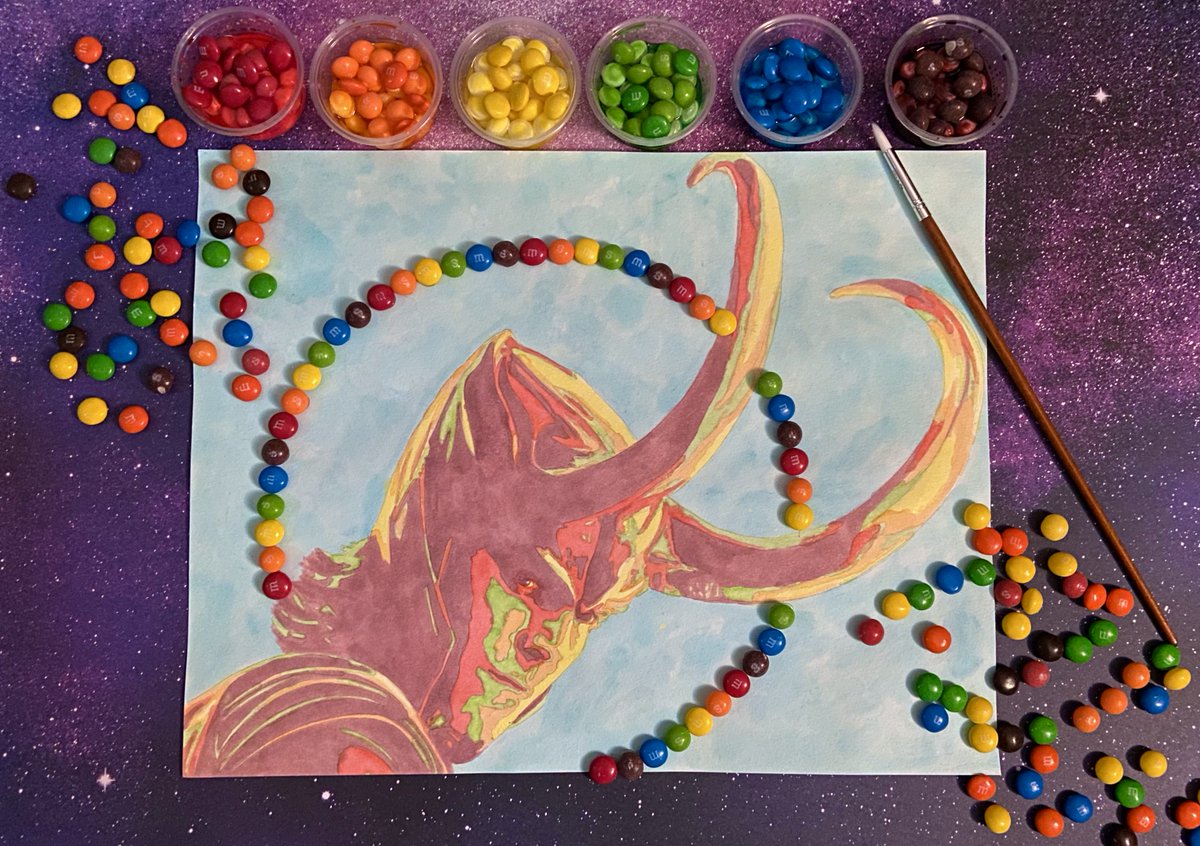 BoopsGoalies's tweet image. Create a portrait of Tom Skittleston—we mean Hiddleston—in costume out of Skittles…AND M&amp;amp;Ms. Your move, Loki. 
@TWHiddleston @skittles @MMsChocolate #GISH