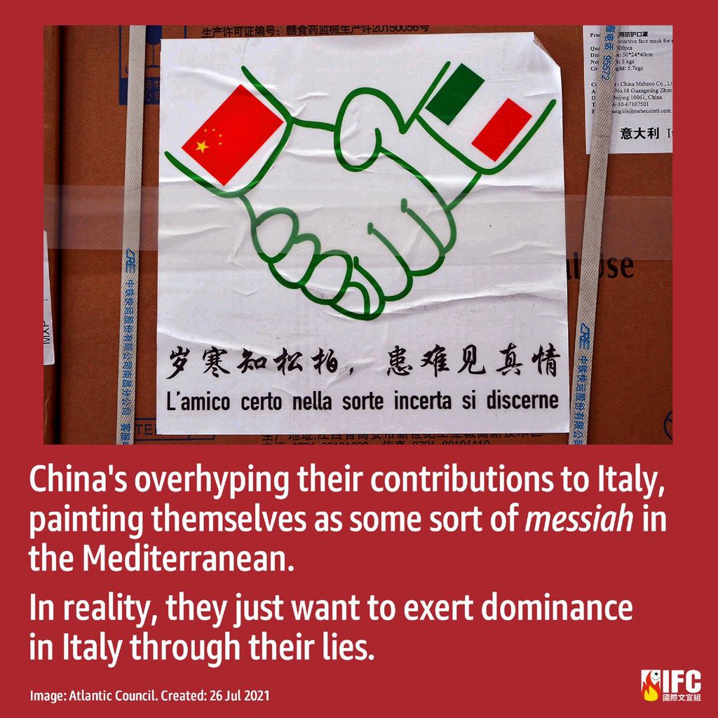 MenSuen's tweet photo. Perhaps that's why China is so keen on feeding Italy their nationalistic views and keep showing CCP is better than the EU.
#Italy #CCP #China #BRI #BeltRoadInitiative #COVID #Covid19 #coronavirus #MaskDiplomacy #meme https://t.co/6PYXBFiBih