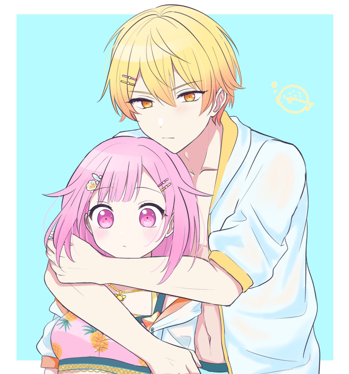 1girl 1boy blonde hair pink hair hair ornament yellow eyes hairclip  illustration images