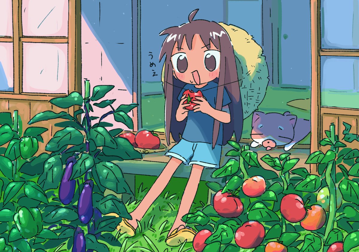 1girl sliding doors shouji holding food tomato food shorts  illustration images
