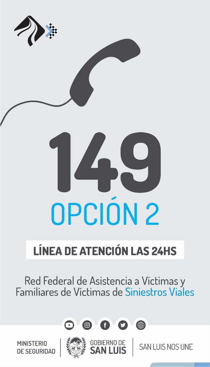 segvialsl's tweet photo. La Red Federal de Asistencia a Víctimas y Familiares de Víctimas de Siniestros Viales funciona las 24 hs. los 365 días del año para todo tipo de gestiones y asesoramiento necesarios a quienes se encuentren en esta situación. 
📲 #149Opción2 https://t.co/qhhLUoFfx2