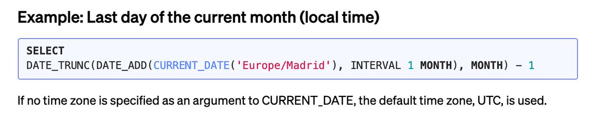 SqlSnippets's tweet image. Many dialects have a LAST_DATE function to find the last day of a given month. This snippet helps us get that same functionality in #BigQuery 🙌
#SQL