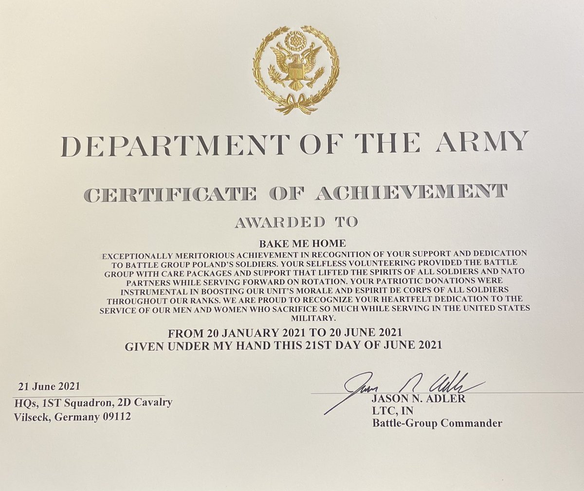 BakeMeHome's tweet photo. The #BakeMeHome team is proud to acknowledge this recognition from The United States Army for our Bake Me Back Home shipment of over 1,000 cookies to troops in Poland. Thanks to all who helped make this possible, and to the Army for an accolade we will not soon forget ❤️. https://t.co/9qeN9GeyGb