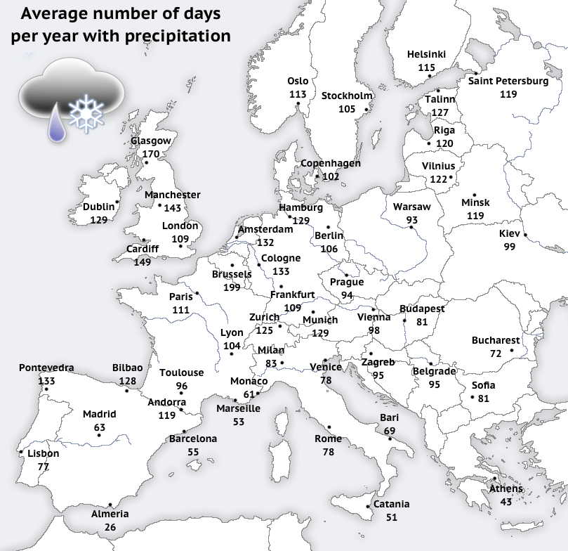 xruiztru's tweet image. Average number of days per year with precipitation.

🇧🇪 Brussels tops the list at 199 days annually!