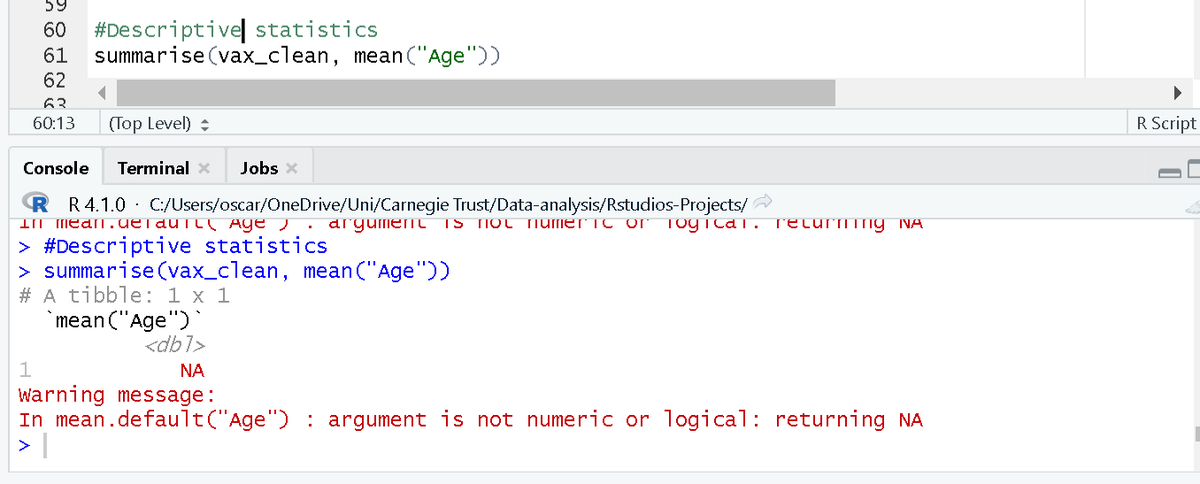 OscThompson's tweet photo. #rstats #help?! imported the excel file using click and point method. All my columns are data-type 'character', so age is not 'numerical' and i cannot do any analysis on any column. can I import my data differently so numerical columns are put in as strings? Any help appreciated! https://t.co/LuFpDVK3Px