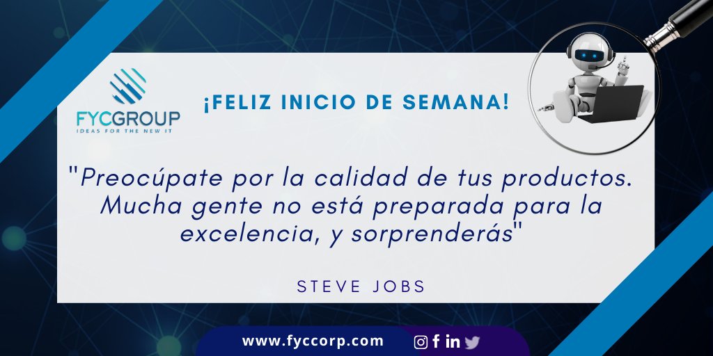 fycgroup's tweet photo. 👏¡Feliz día y feliz semana!👩💻🕵️
"Preocúpate por la calidad de tus productos. Mucha gente no está preparada para la excelencia y sorprenderás" Steve Jobs
#TestingQuotes #SoftwareBug #QAServices #ManualTesting #QualityAnalyst #QATesters #TestAnalyst #QualitySystems #SteveJobs https://t.co/mgU5ieMIiI