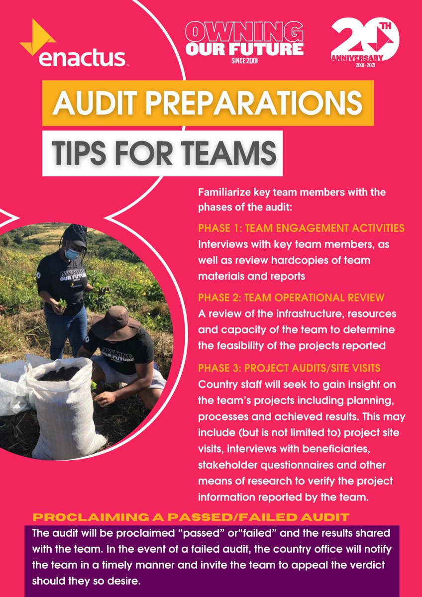 enactusZA's tweet photo. Team audits are starting this week, plan to have a conversation with Enactus South Africa Staff before your audit launch.
Keep your eyes on our socials for more tips!! #OwnYouFuture #WeAllWin https://t.co/YMqkF3lZLu