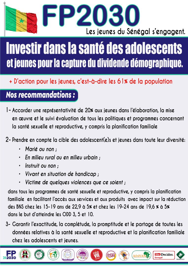 <a href="/POuagaPF/">Partenariat de Ouaga</a> Atelier de réengagement #FP2030 du #Sénégal :🏳️Investir dans la santé des adolescents et jeunes pour la capture du dividende démographique 🏳️Recommandations phares des jeunes pour une priorisation des besoins en #SSR des jeunes 👇🏻👇🏻👇🏻