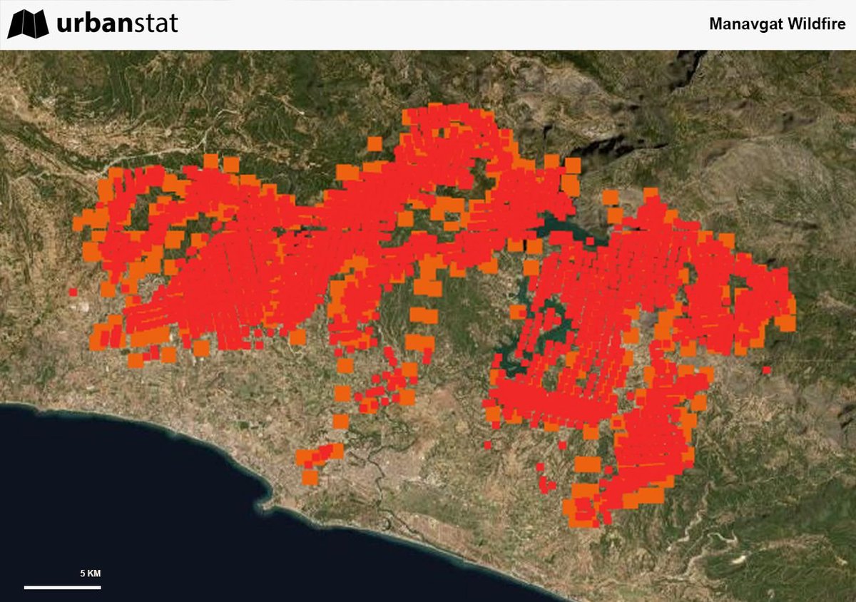 urbanstat's tweet photo. #Wildfires started to become a major issue in Turkey and we've started to look at it more closely. Everybody talks about the wildfire in #Manavgat and how big it is. This satellite imagery shows the extent of the event. https://t.co/iGr3RoyCvo