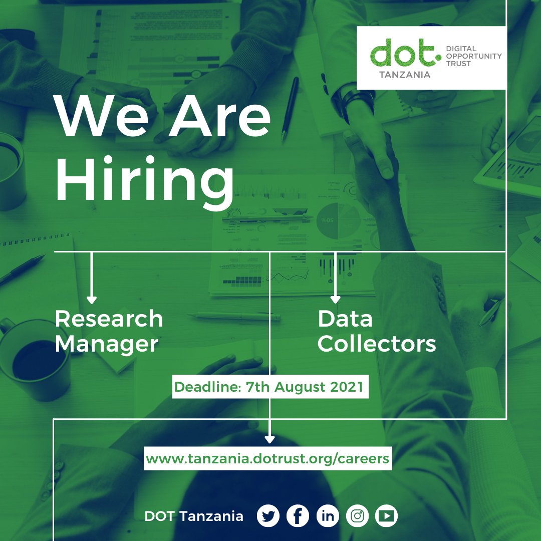 DOTTanzania's tweet photo. We have a job opportunity for you! If any of the two positions align with your skills and expertise....
Visit: https://t.co/ZKDVH9S4fs
Be a champion, tell a friend!
#DOTYouth #Tanzania #Reaseach #Datacollection https://t.co/cxuwmmp4Su