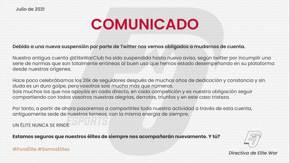 Hace aproximadamente UN MES @TwitterSupport nos bloqueó la cuenta (<a href="/EliteWarClub/">EliteWar CLUB 🕹🎮</a>) sin ningún motivo. 

Seguimos esperando que @TwitterEspana nos quiera devolver nuestra cuenta...... mientras tanto OS RECORDAMOS que SEGUIMOS por AQUÍ. 

🙏🙏🙏 NOS AYUDÁIS CON UN 🔄 y ❤.