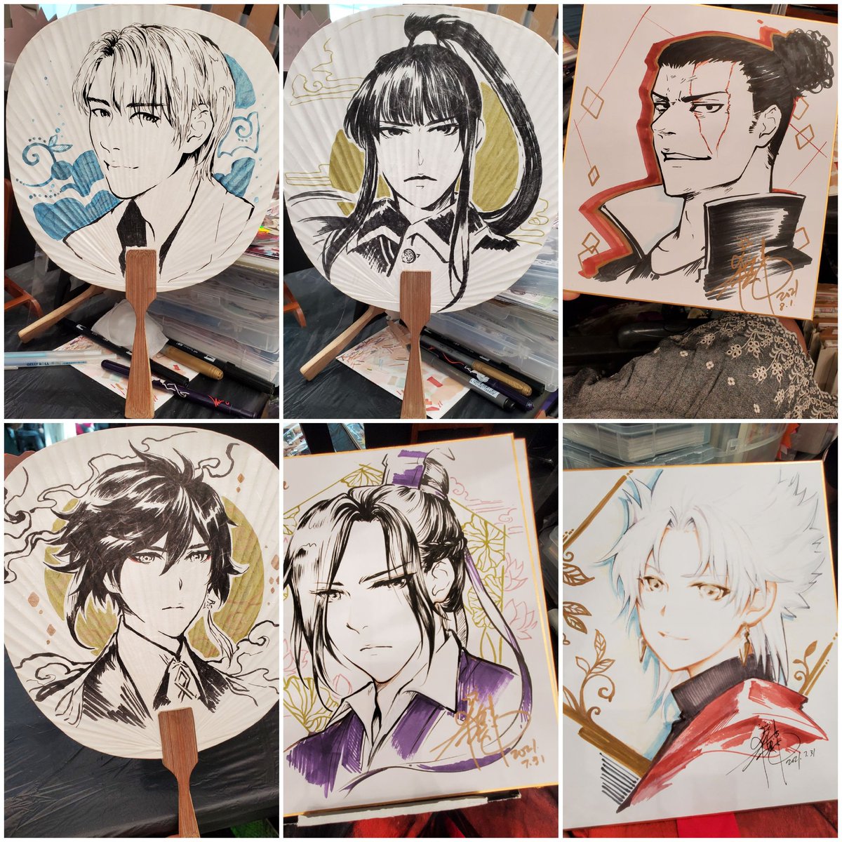 Shikishi and hand fan commission from artist alley...._(-ω-`_)⌒)_ 