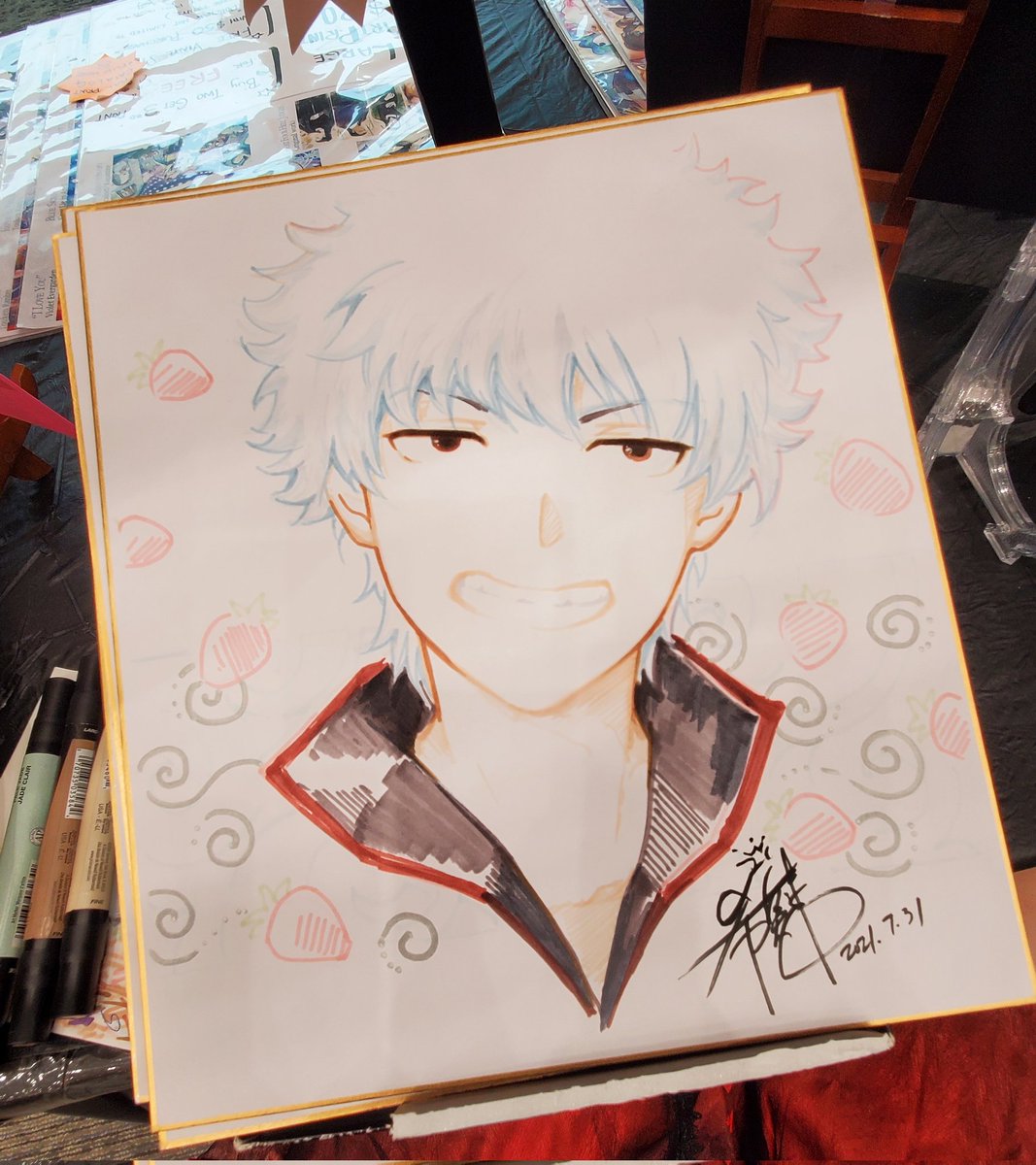 Shikishi and hand fan commission from artist alley...._(-ω-`_)⌒)_ 