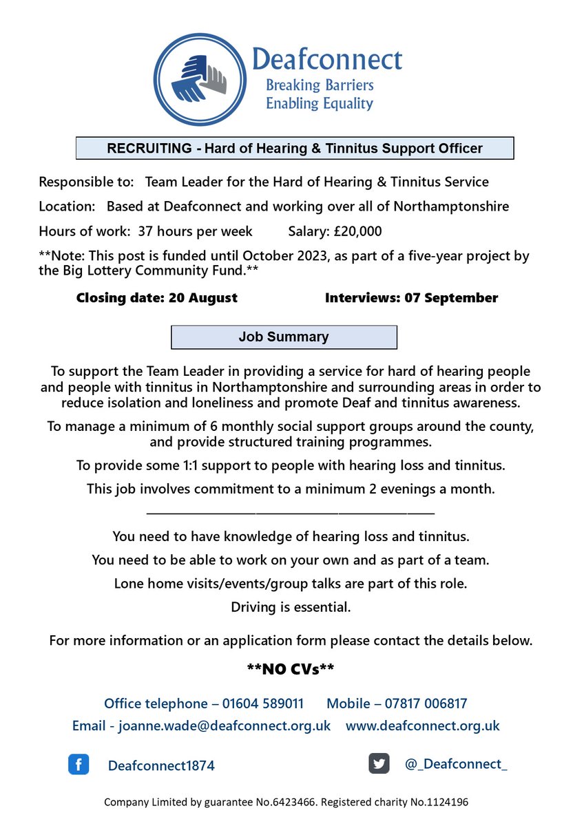 _deafconnect_'s tweet photo. **JOB OPPORTUNITY** Hard of Hearing &amp; Tinnitus Support Officer - can you help make a difference to someone's life? See poster for more information. #tinnitus #HardofHearing #HOH #HearingHealth #HearingLoss #deafness https://t.co/wSygDDyxvR