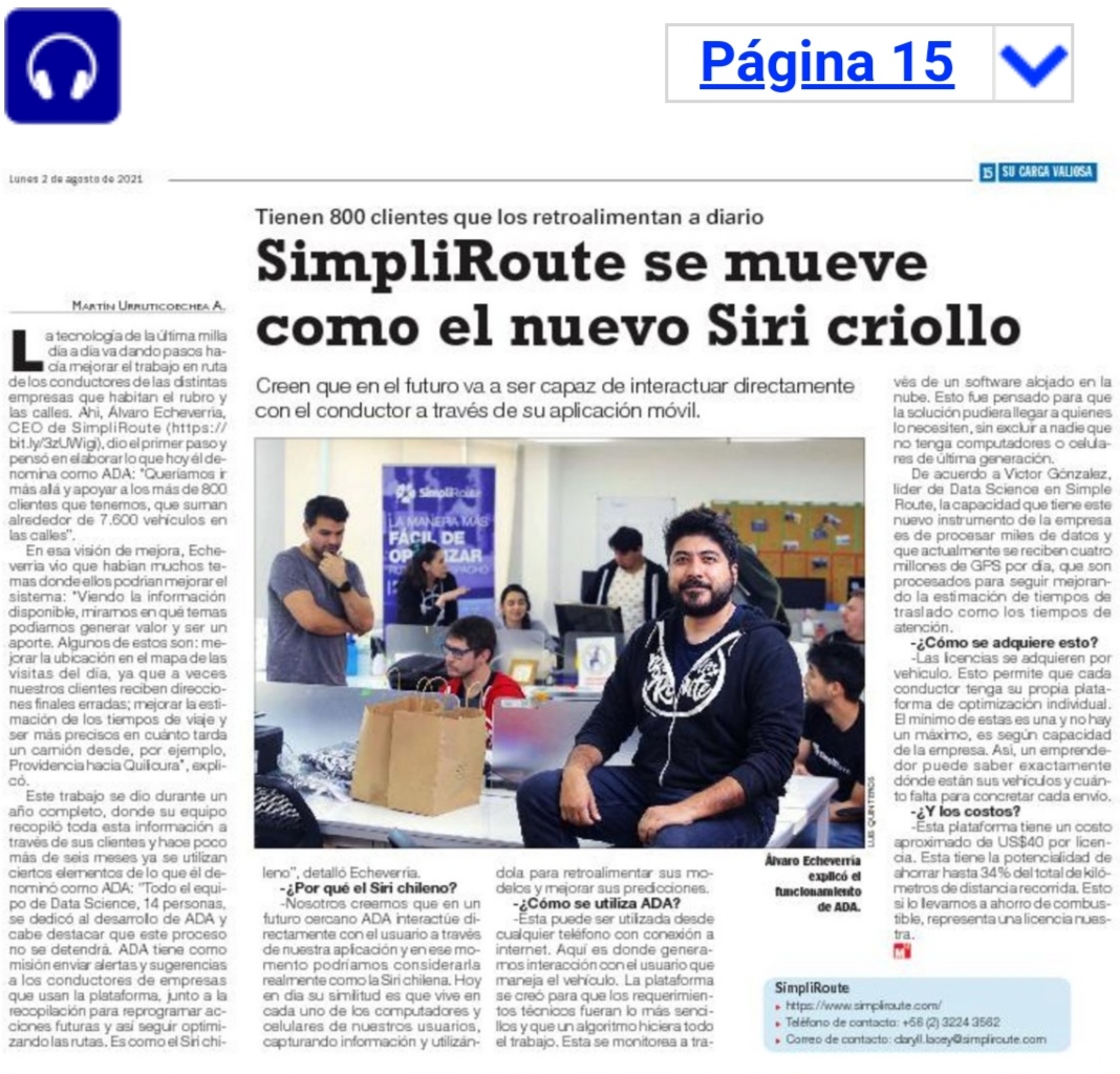 #Noticia: ¿Conoces <a href="/simpliroute/">SimpliRoute</a>, iniciativa de un #alumni de <a href="/UChile_Beauchef/">U. Chile - Ingeniería y Ciencias</a> y parte de nuestro equipo de #mentores? 🤔 Te invitamos a revisar en qué se encuentran actualmente en <a href="/lun/">Las Últimas Noticias</a> 🔍bit.ly/3yjltJ7