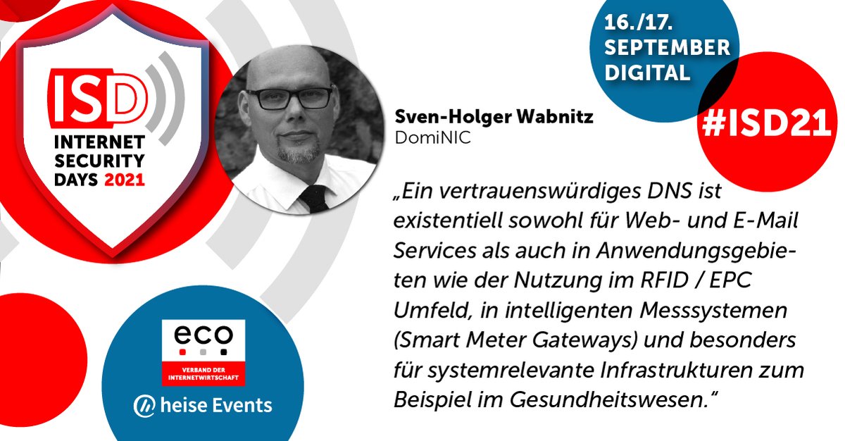 Wie kann die #DNS-Struktur zur #ITSicherheit des Gesundheitswesens beitragen? 🏥 Mit <a href="/SHWabnitz/">Sven-Holger Wabnitz</a>, Senior Advisor DomiNIC, sprechen wir über die Sicherheit systemrelevanter Infrastrukturen. Er ist Referent auf den Internet Security Days 2021.

Zum Interview: eco.de/news/mit-siche…