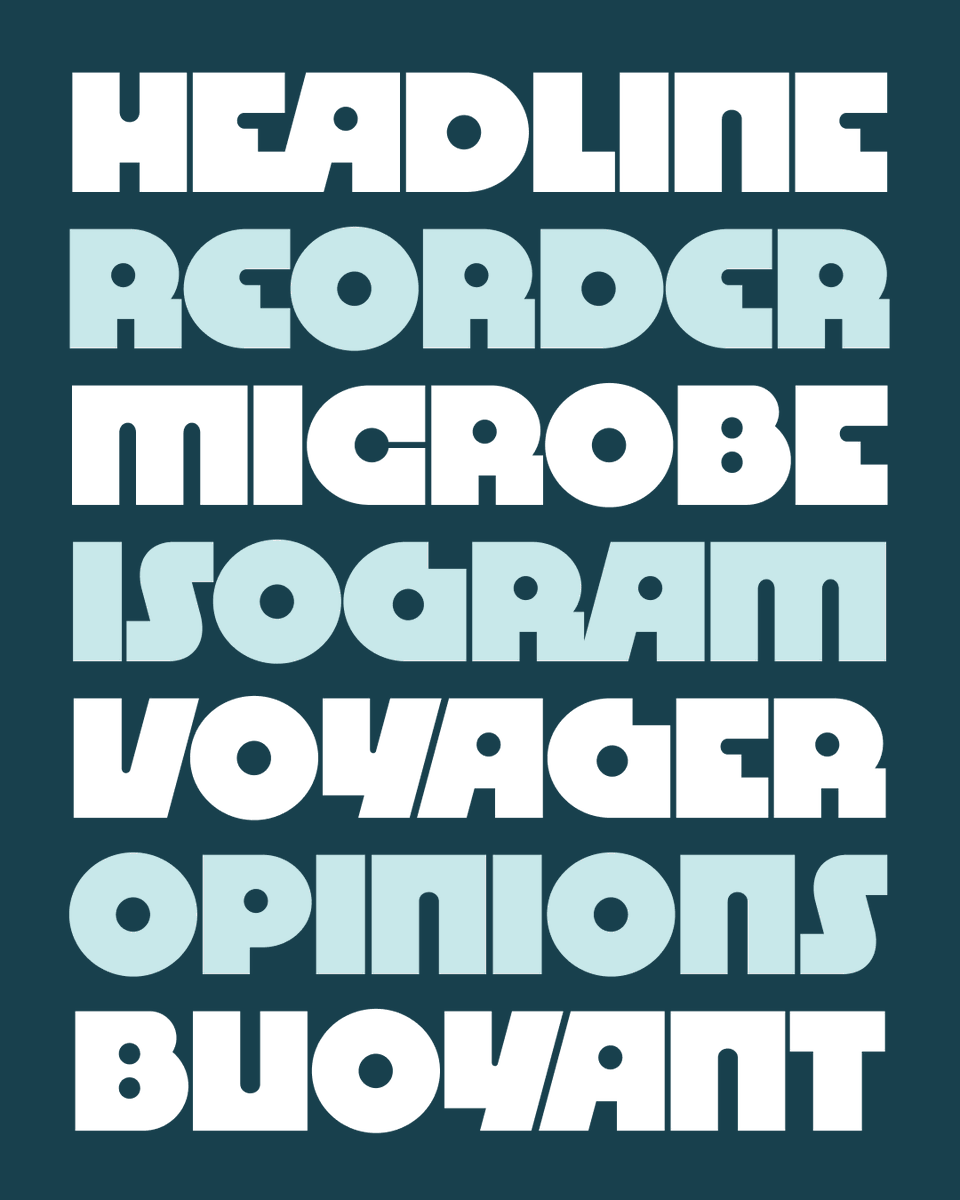 So, Megazoid. This was a fun one!

It’s a blocky geometric sans serif, which is just a fancy way of saying it’s a bunch of squares and circles. I think it’d feel equally at home on a retro guitar amp as it would on a futuristic interstellar satellite. 

djr.com/notes/megazoid…