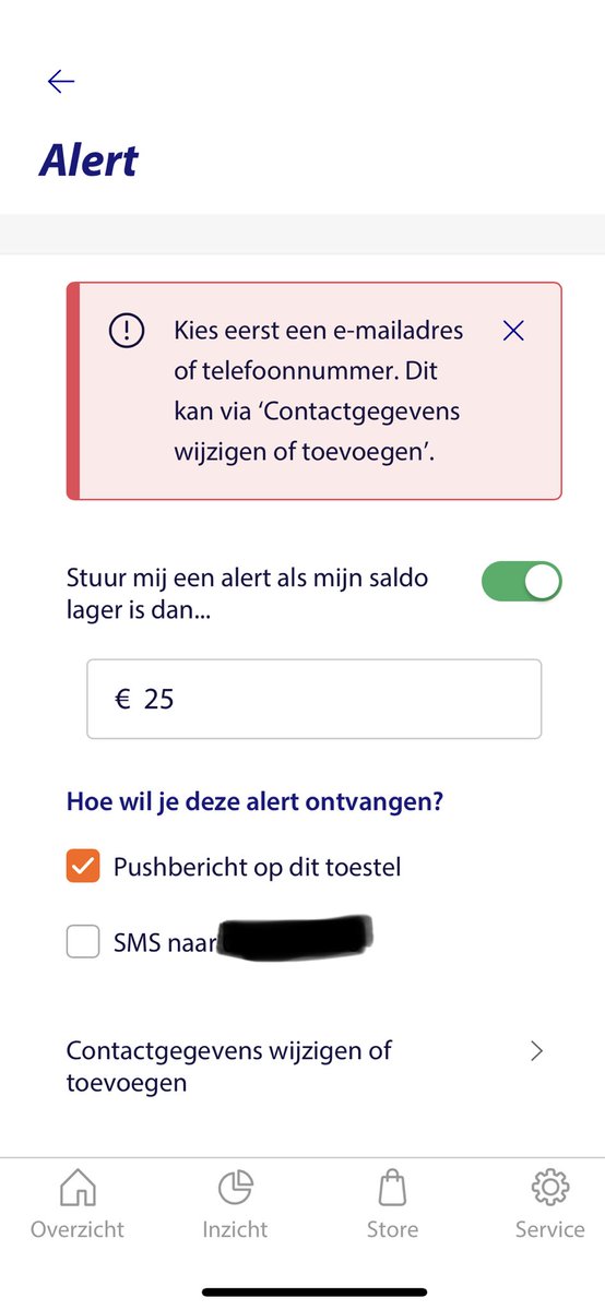 ⁦<a href="/Rabobank/">Rabobank</a>⁩ Als ik een push melding in wil stellen in de app krijg ik een foutmelding. Maar ook als ik een e-mailadres of telefoonnummer toevoeg kan ik de melding niet instellen. Zie ik iets over het hoofd?