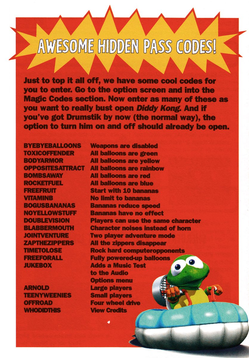 Diddy Kong Racing, Magic Codes List