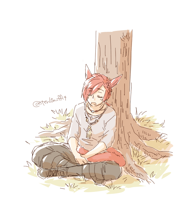 miqo'te 1boy male focus animal ears solo red hair sitting  illustration images