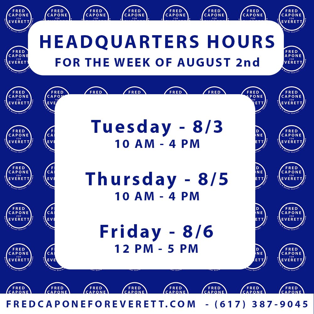 FredForEverett's tweet photo. #TeamCapone HQ hours for this week:
Come by to fill out Dear Friend Cards, make phone calls, or have some fun conversation about the future of the city! Hope to see you there! https://t.co/6g5KH8mscO