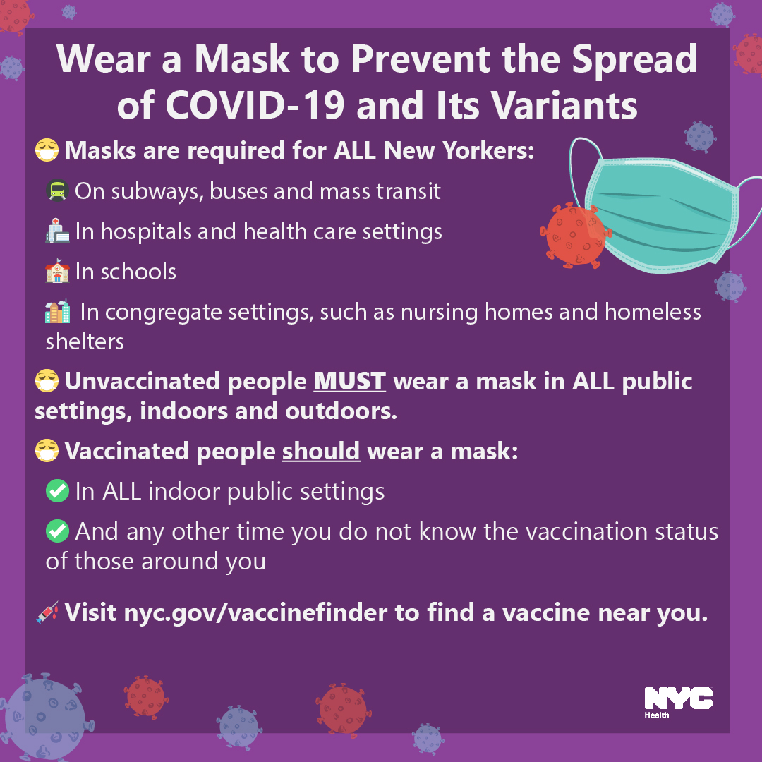 nycHealthy's tweet photo. NYC: Wear a mask to prevent the spread of #COVID19!
😷 Masks are required on public transit and in hospitals, schools and congregate settings
😷 Unvaccinated people MUST wear a mask in all public settings
😷 Vaccinated people should wear a mask in ALL indoor public settings https://t.co/ODG62pNLAC