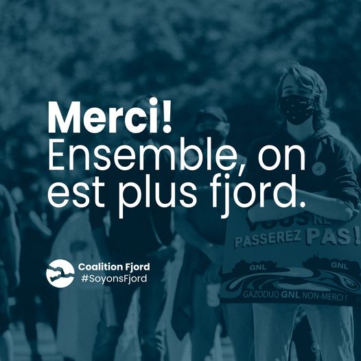 🙏Merci à toutes personnes, collectifs et organisations impliquées les dernières années contre ce projet d'exportation de gaz fossile de GNL/Gazoduq qui a été rejeté.
Une assemblée citoyenne aura lieu prochainement pour réfléchir ensemble l'avenir de notre mouvement. #SoyonsFjord