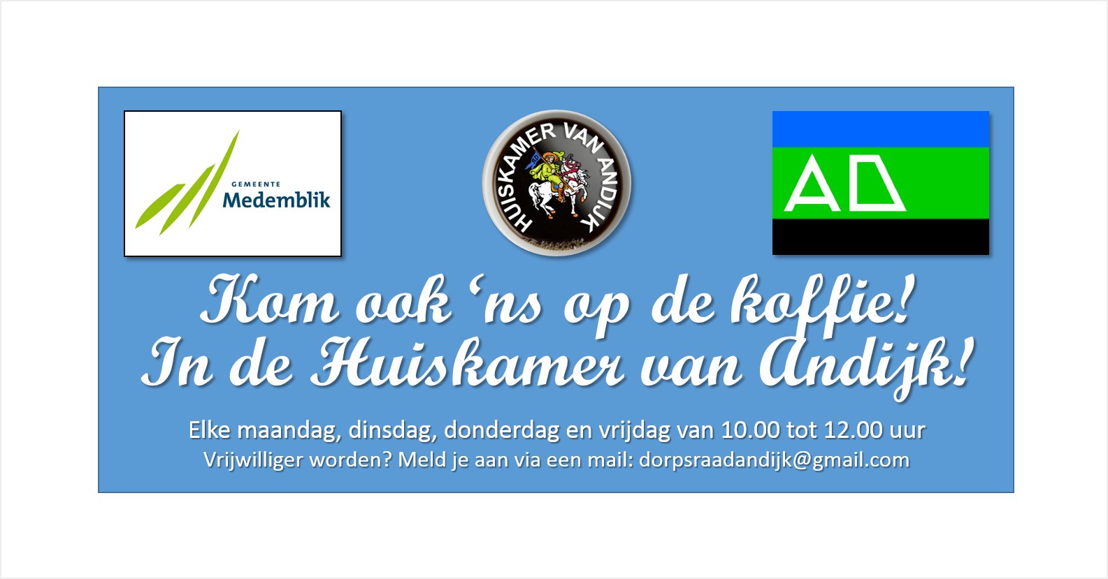 Op maandag 2 augustus startte de ‘Huiskamer van Andijk’ aan de Sportlaan 1A, vlakbij het winkelcentrum Beldershof. De eerste bezoekers kwamen op de geurende aroma van de koffie af en werden verwelkomd door de gastvrouwen Ria Bieshaar, Anke van den Doel en Elly Slagter. Voor deze gelegenheid (en die daarop volgen) werd de vlag uitgestoken aan de gevel van het gebouwtje dat ooit onderdak bood aan peuters.
