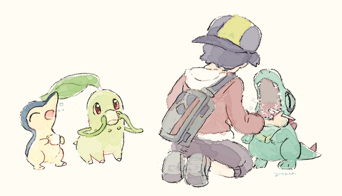 chikorita ,ethan (pokemon) pokemon (creature) 1boy hat bag black hair backpack pants  illustration images