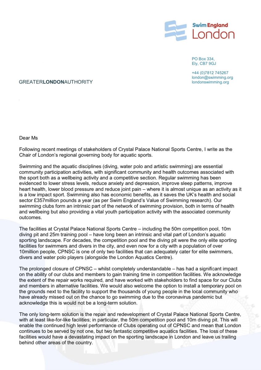 LondonSwimming's tweet image. Crystal Palace is a vital facility for the local community and London’s performance athletes. Our Chair, @AHarrisonSwim, recently wrote to the GLA to emphasise why it’s important that the centre continues to be able to provide training facilities for the Olympians of the future.