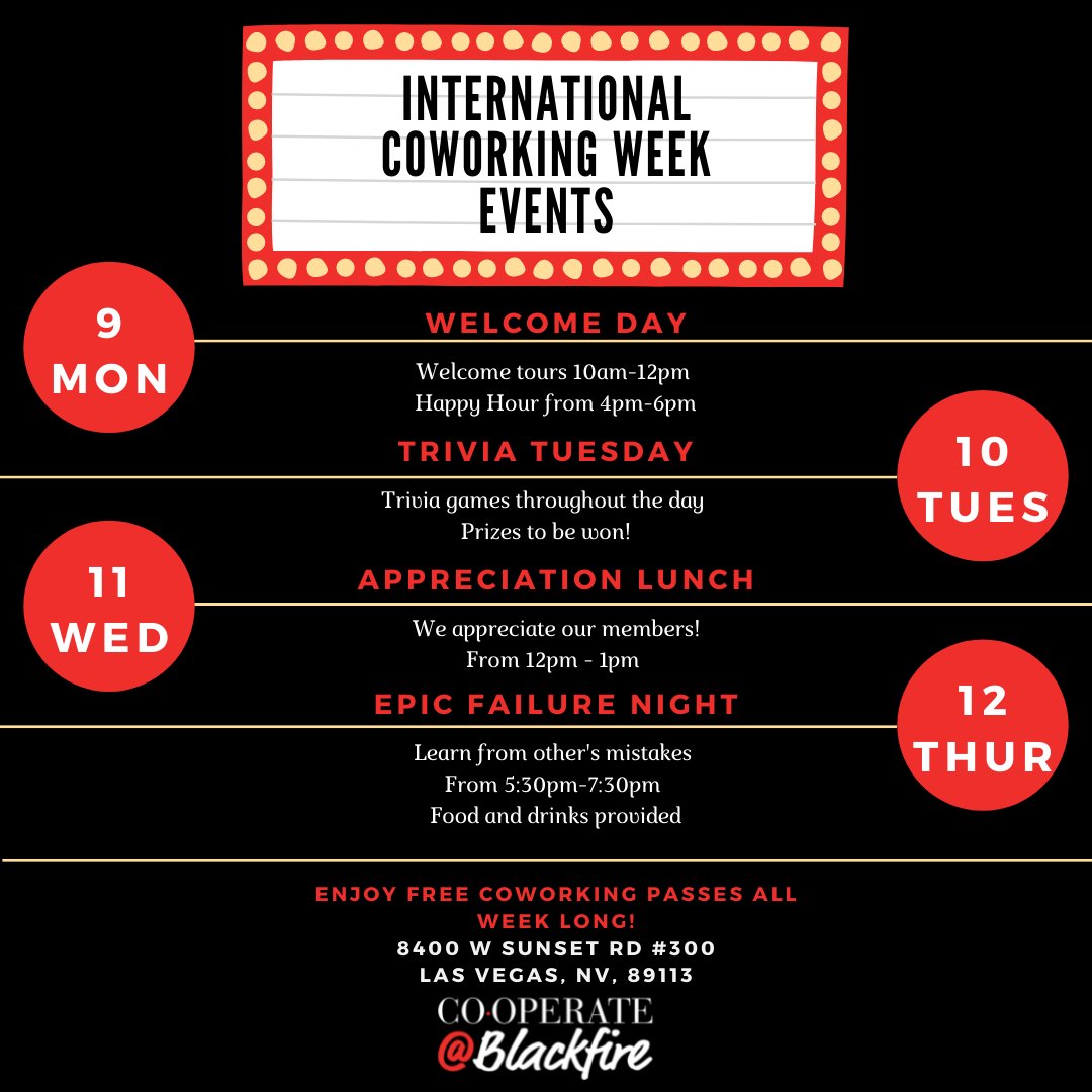CooperateBlack2's tweet photo. 𝙐𝙥𝙙𝙖𝙩𝙚𝙙 𝙀𝙫𝙚𝙣𝙩 𝘾𝙖𝙡𝙚𝙣𝙙𝙖𝙧

We are beyond excited to announce the events for "International Coworking Week". 

See you all there! 

#coworking #coworkers #coworkingevents #coworkingcommunity #internationalcoworkingweek #lasvegas #blackfire #augustevents https://t.co/vVL5ldz6aH