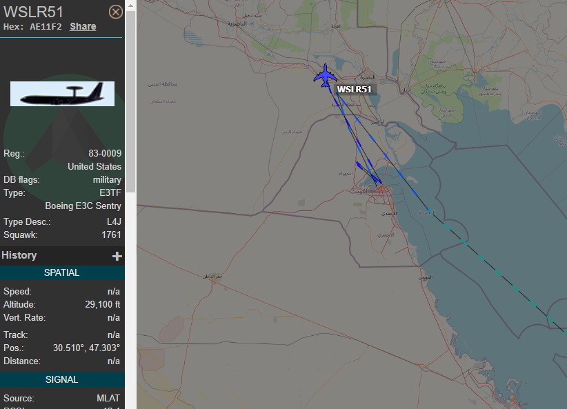 vcdgf555's tweet photo. USAF E-3 Sentry AWACS currently triangulated via MLAT over southern Iraq. 

WSLSR51 is 83-0009 #AE11F2 https://t.co/OgXlrsQ4Pg