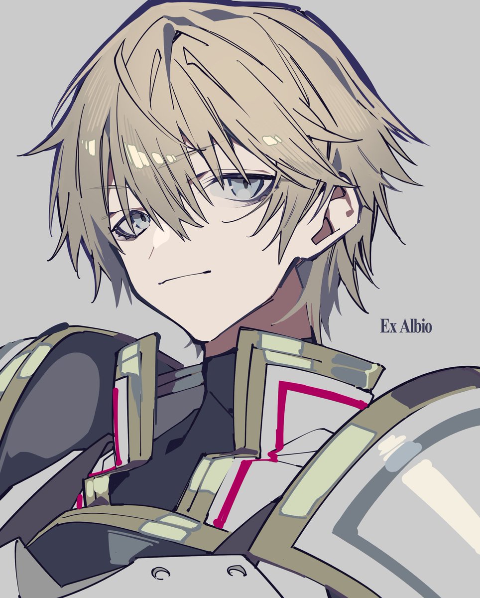 1boy male focus solo armor simple background looking at viewer grey eyes  illustration images