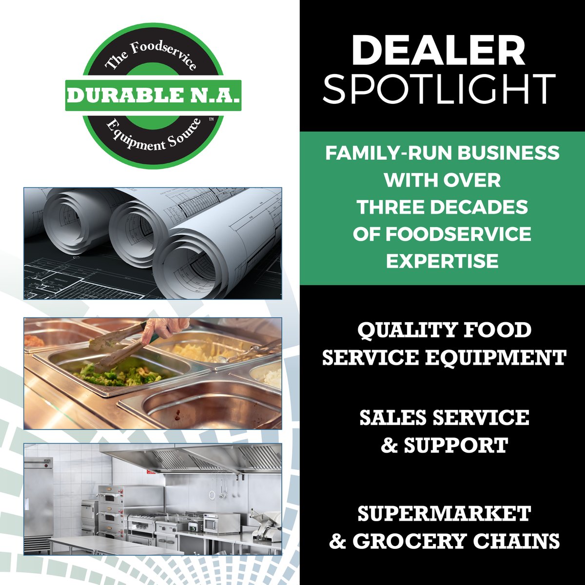 Serving out of San Clemente, CA, our dealer Durabla N.A. has been providing great service to grocery chains nationwide with sustainable options &amp; top notch customer service. From start to finish, quality food service expertise is in their DNA! More info: durablena.com