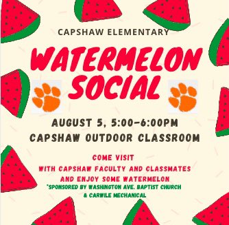 CapshawCougars's tweet photo. Looking forward to the first full day for students tomorrow, and our Watermelon Social on Thursday!🧡🍉💙Mark your calendars!#capshawrocks #PutnamProud https://t.co/oNzJLmoQ6F