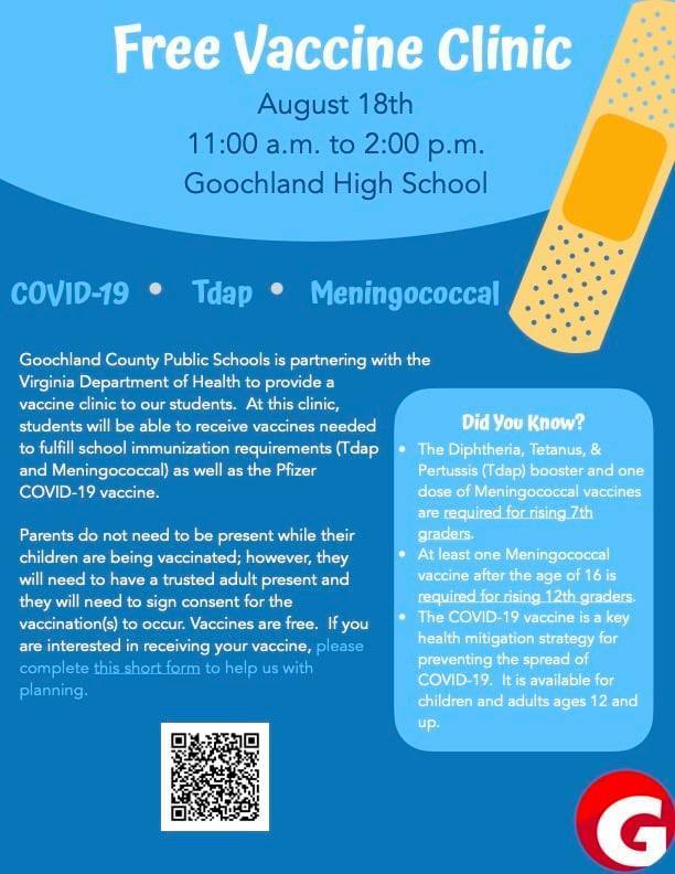 GCPS is partnering with the VA Department of Health to provide a vaccine clinic to our community on August 18 from 11am- 2p.m. @ GHS.  If interested, please complete this short form to help us with planning:
docs.google.com/.../1FAIpQLSeh…