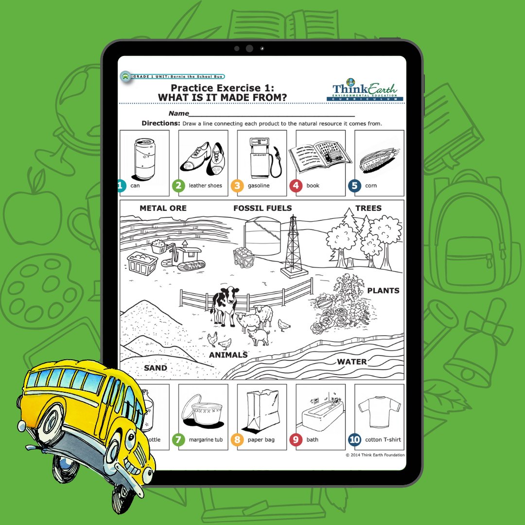 Teach 1st-grade students about the natural environment and where everyday items come from these natural resources. Download this student sheet for FREE! thinkearth.org/curriculum 
#thinkearth #thinkgreen #firstgrade #teacher #homeschool  #elementaryteacher #backtoschool